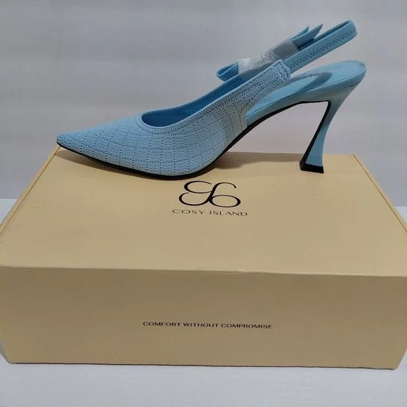 Cosy Island Light Blue Knit Pointed Toe Slingback Flared Heel Pumps Womens 9.5 - Picture 5 of 12